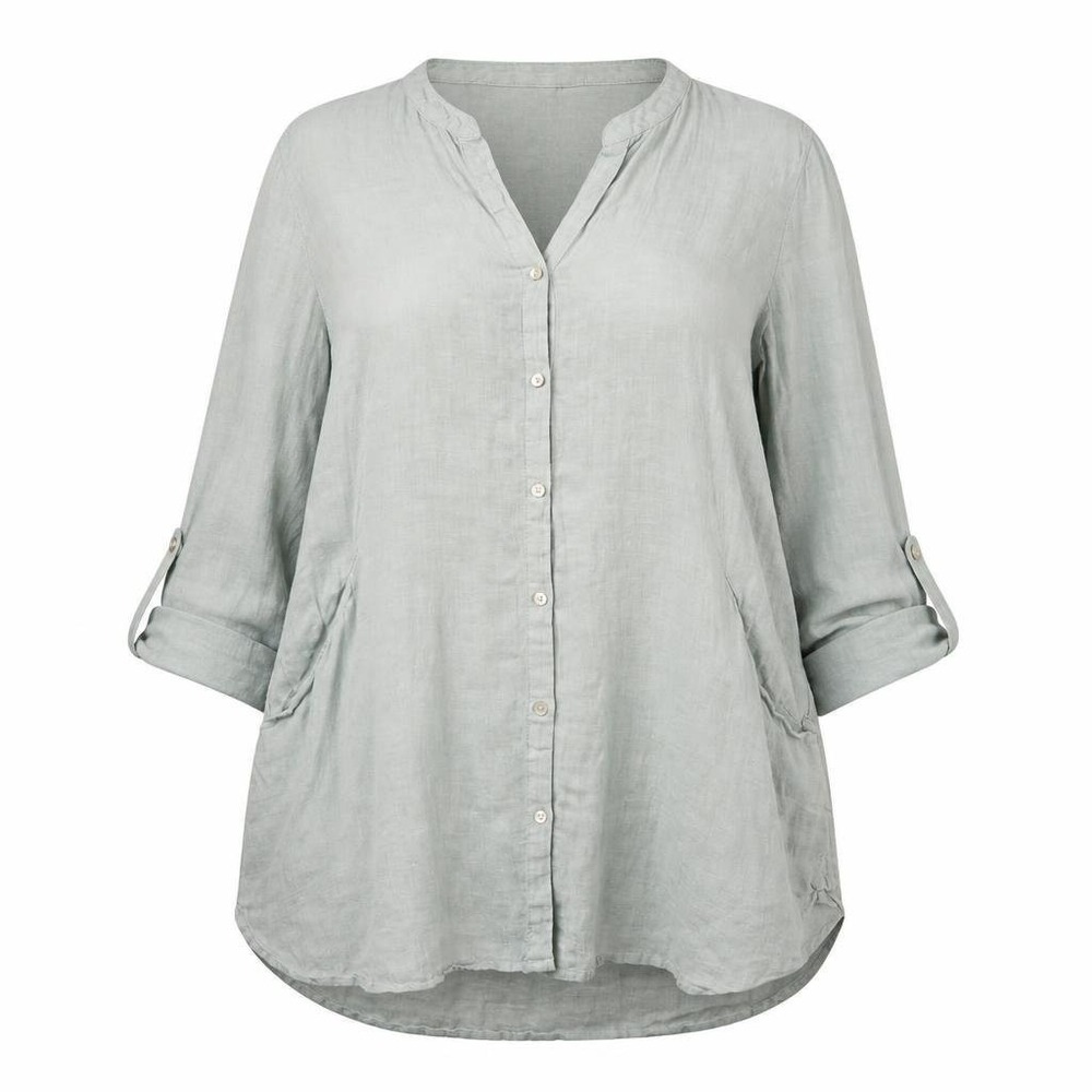 Sigrid Olsen Blouse Womens M Green 100% Linen Roll Tab Button Shirt Coastal